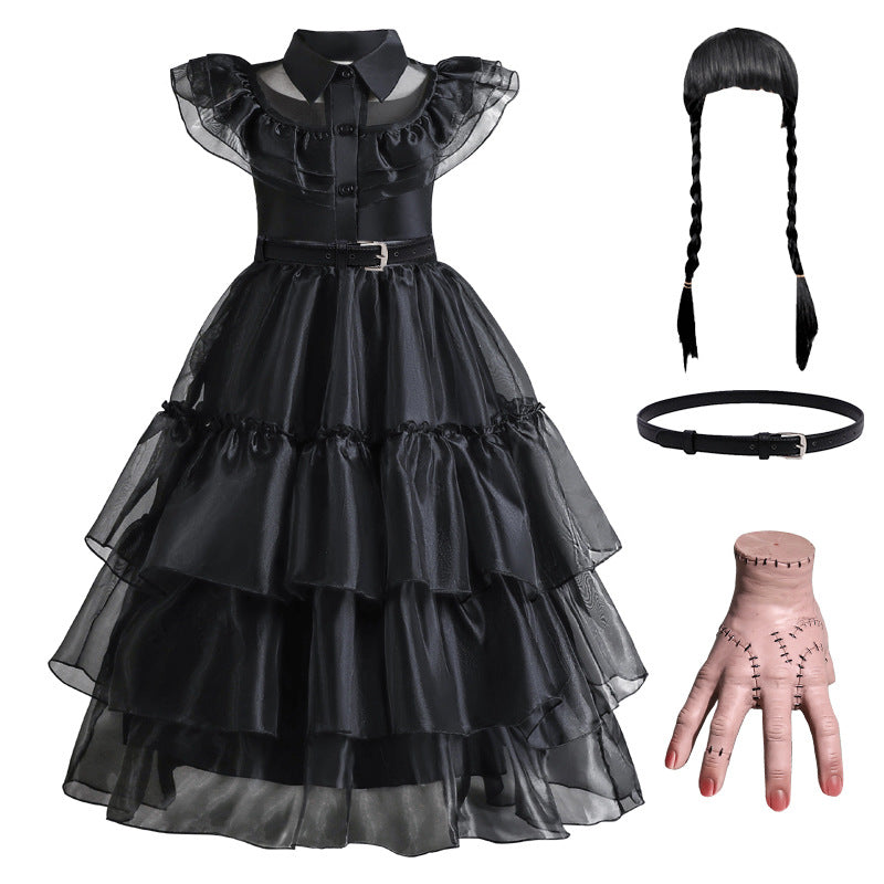 Girls Gothic Tiered Dress with Lace Panel Sleeves – Mid-Calf Costume for Halloween & Parties | Thomler