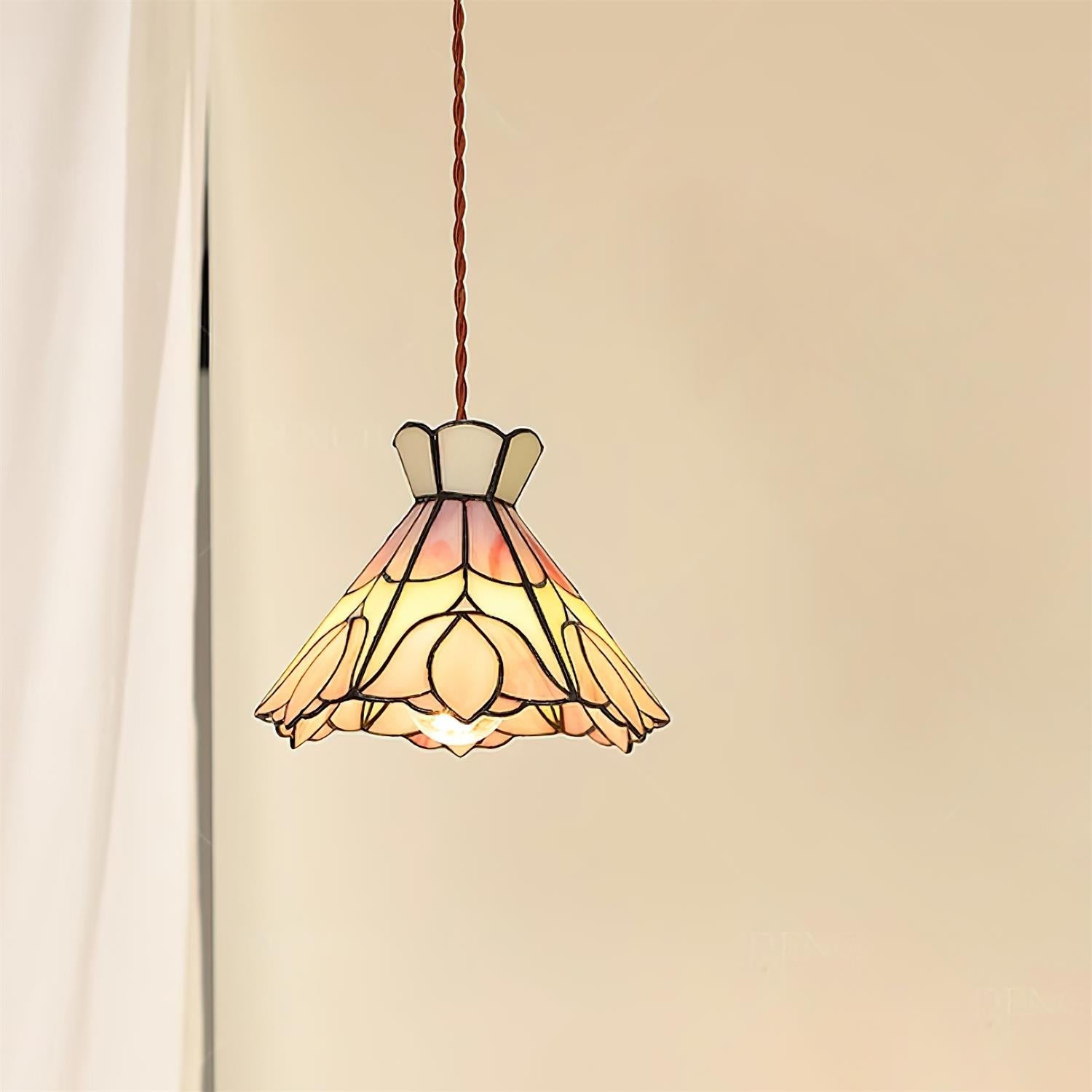 Pendant Light Stained Glass 7.8 in Pink Beige Floral Dining Room Hanging Lamp Decorative Ceiling Fixture | Thomler