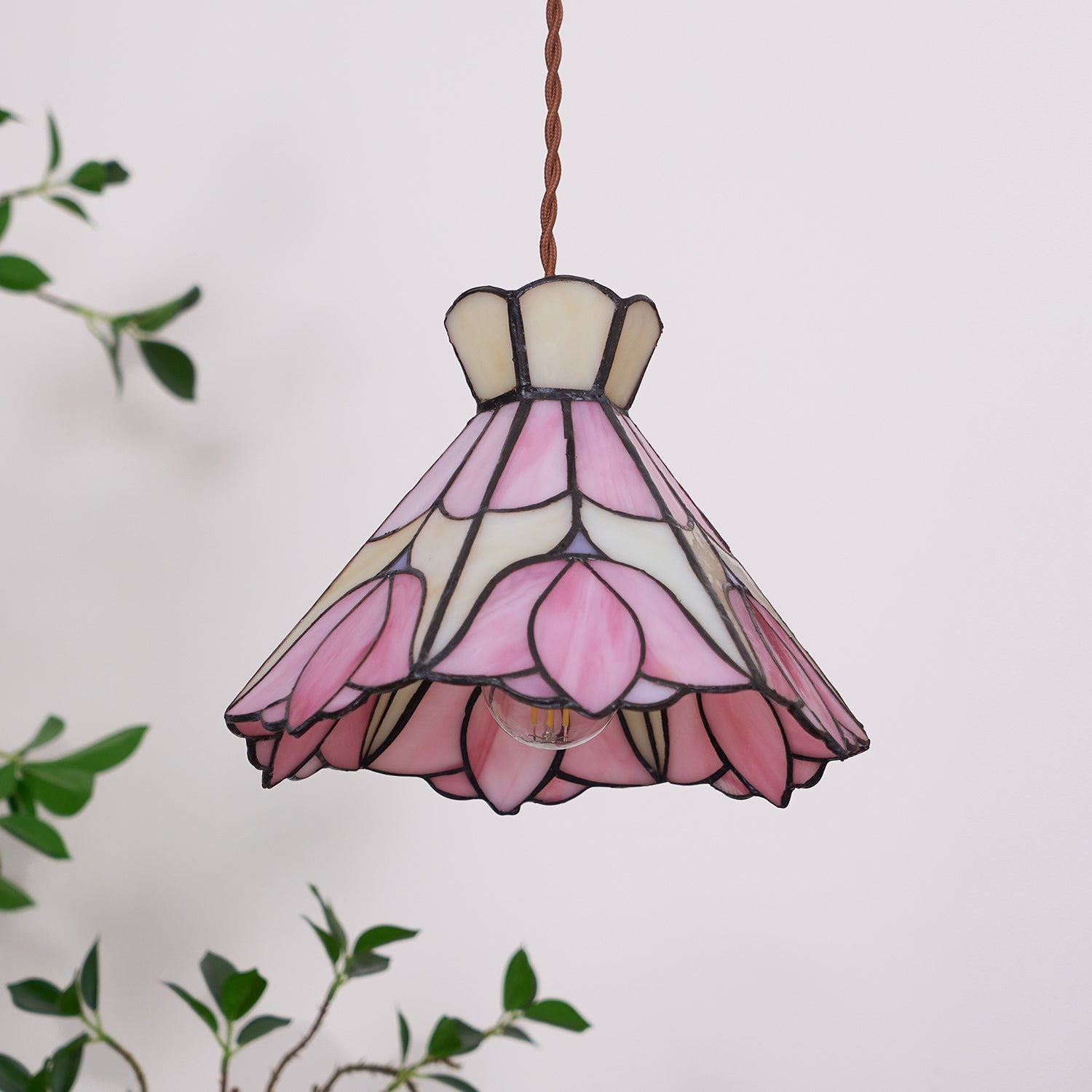 Pendant Light Stained Glass 7.8 in Pink Beige Floral Dining Room Hanging Lamp Decorative Ceiling Fixture | Thomler