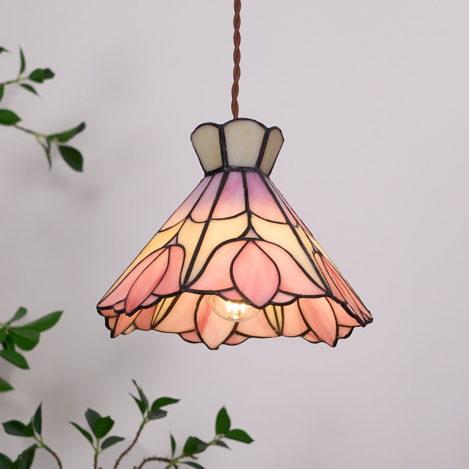 Pendant Light Stained Glass 7.8 in Pink Beige Floral Dining Room Hanging Lamp Decorative Ceiling Fixture | Thomler