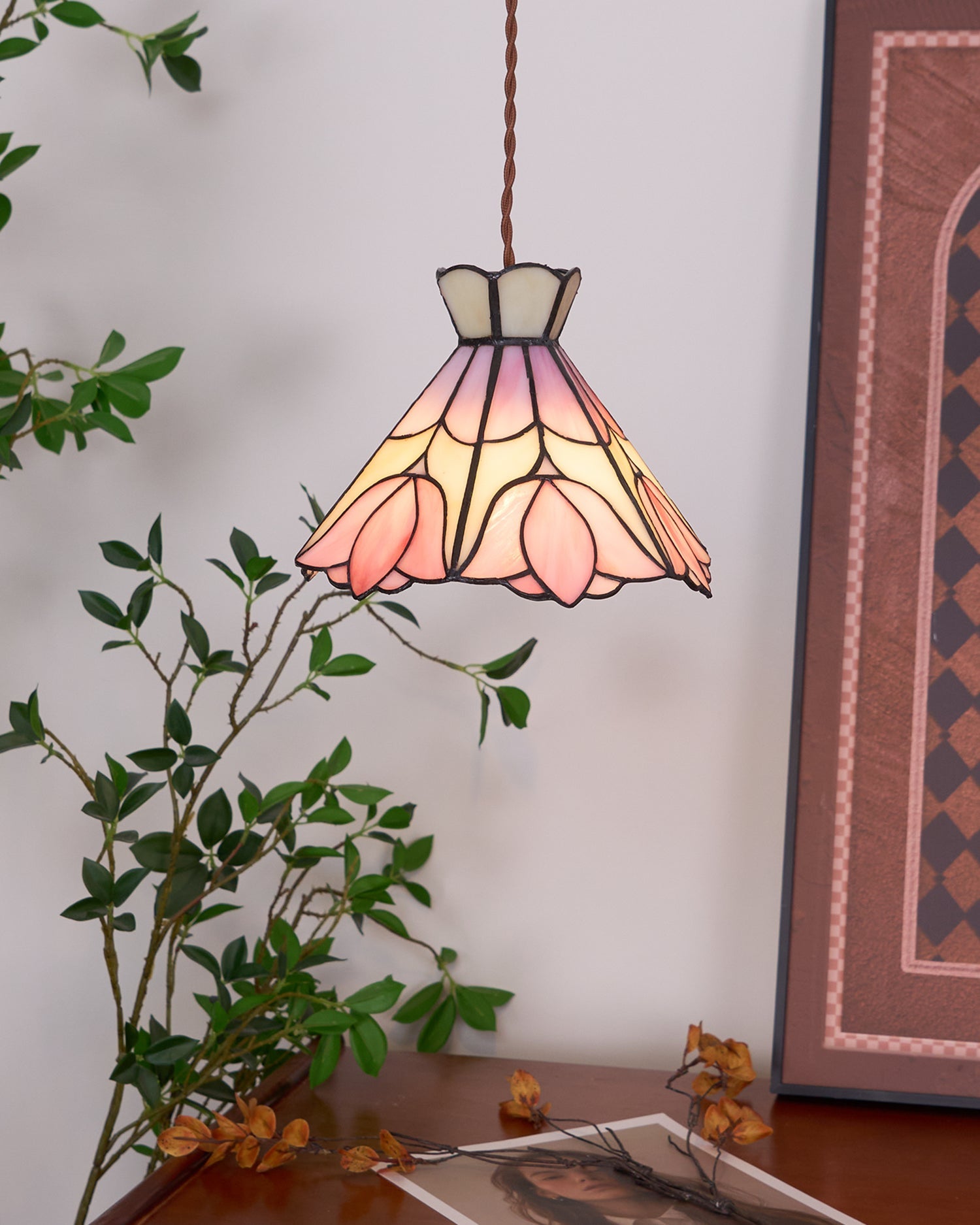 Pendant Light Stained Glass 7.8 in Pink Beige Floral Dining Room Hanging Lamp Decorative Ceiling Fixture | Thomler