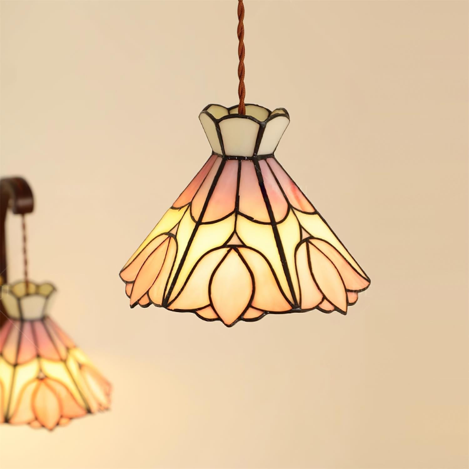 Pendant Light Stained Glass 7.8 in Pink Beige Floral Dining Room Hanging Lamp Decorative Ceiling Fixture | Thomler