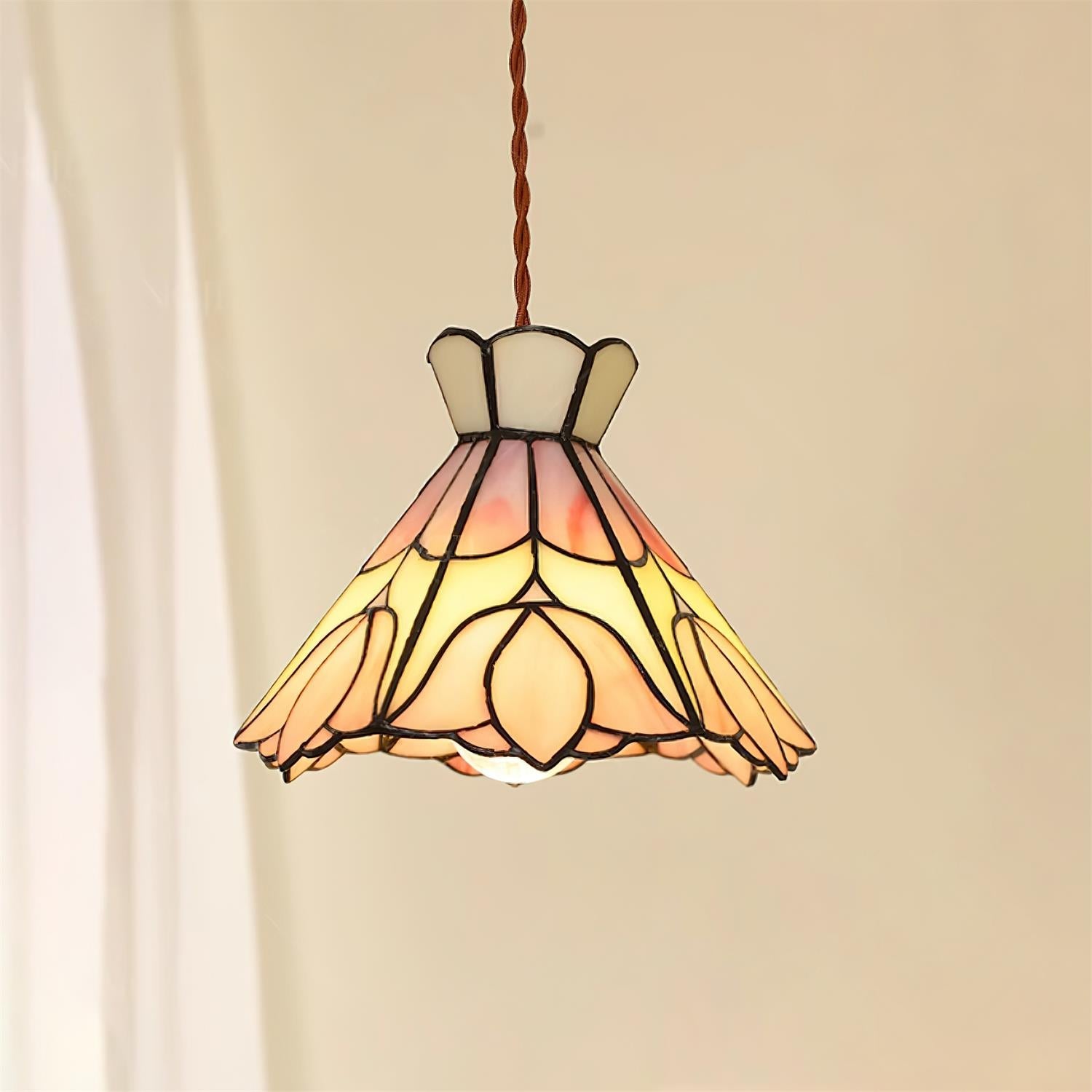 Pendant Light Stained Glass 7.8 in Pink Beige Floral Dining Room Hanging Lamp Decorative Ceiling Fixture | Thomler