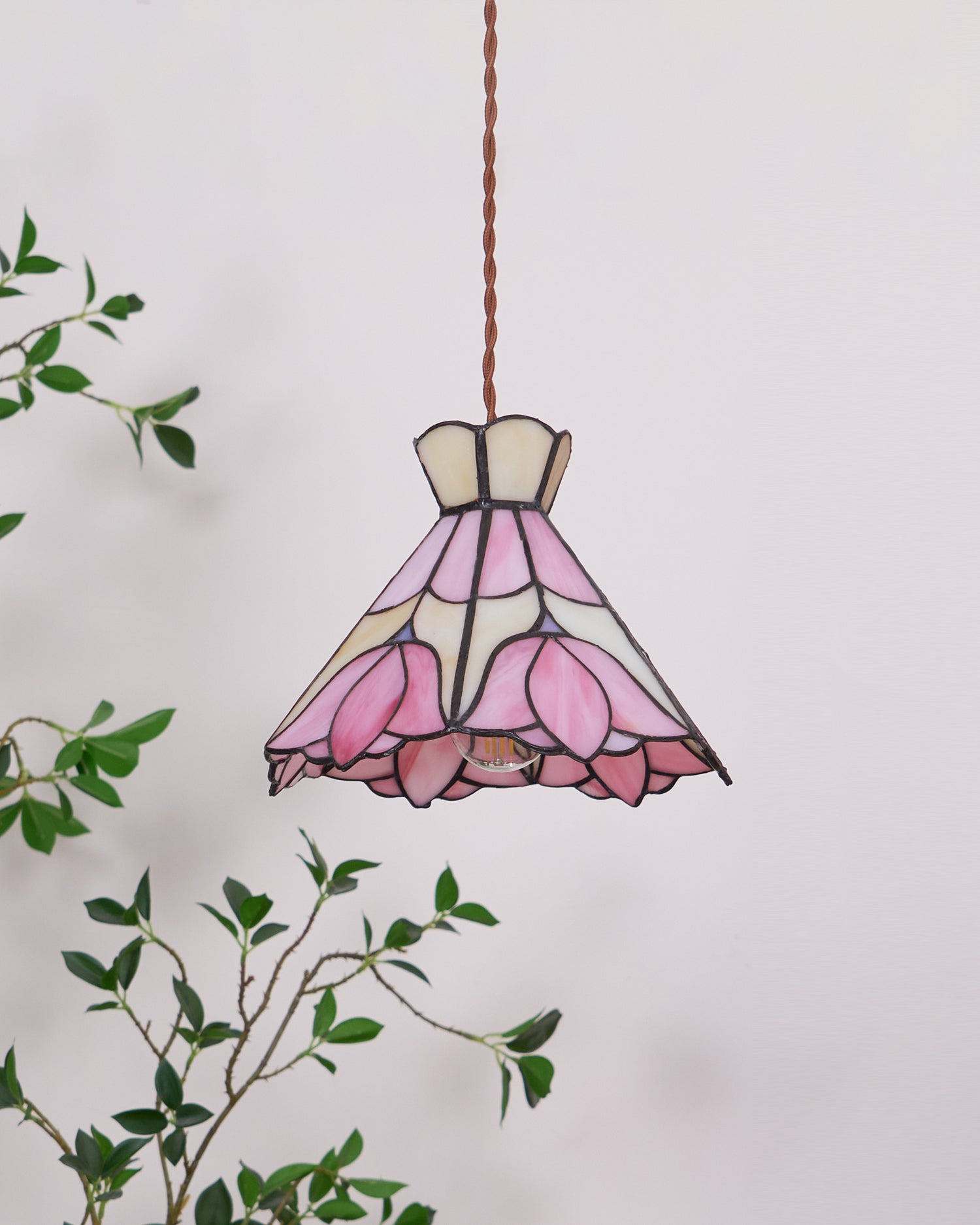 Pendant Light Stained Glass 7.8 in Pink Beige Floral Dining Room Hanging Lamp Decorative Ceiling Fixture | Thomler
