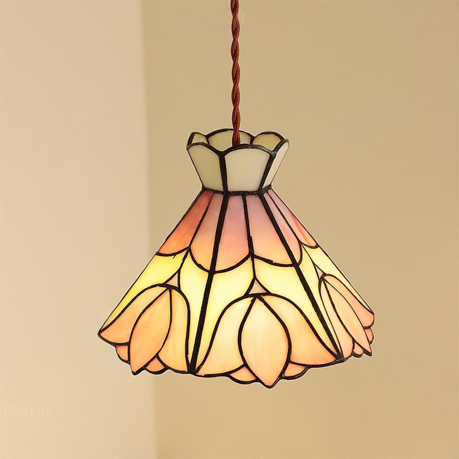 Pendant Light Stained Glass 7.8 in Pink Beige Floral Dining Room Hanging Lamp Decorative Ceiling Fixture | Thomler