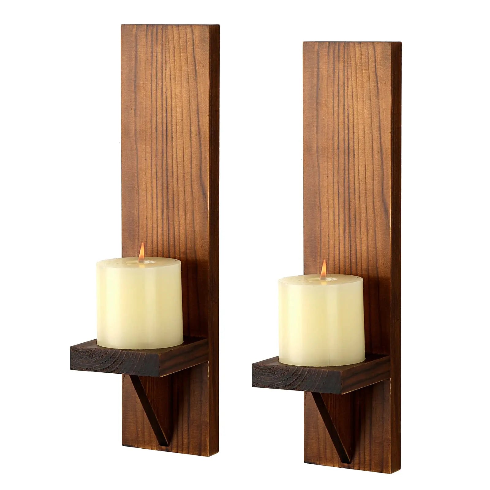 Wall Candle Holder Wood 38.0 cm Rustic Brown Indoor Outdoor Farmhouse Decor Set Of 2 Mounted Sconces | Thomler