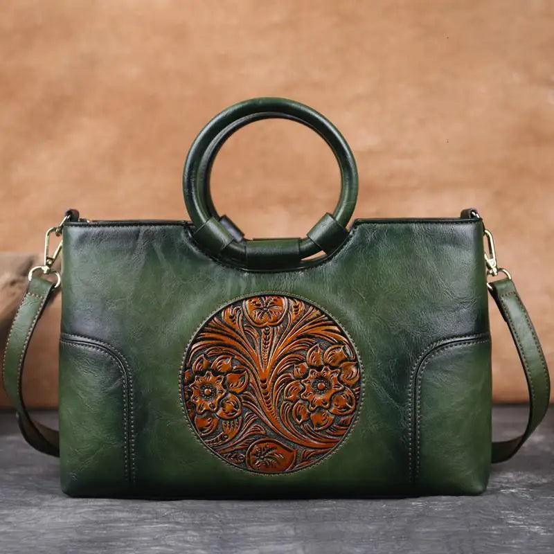 Embossed Leather Handbag for Women with Adjustable Strap and Multiple Compartments – Vintage-Inspired Shoulder Bag Purse | Thomler