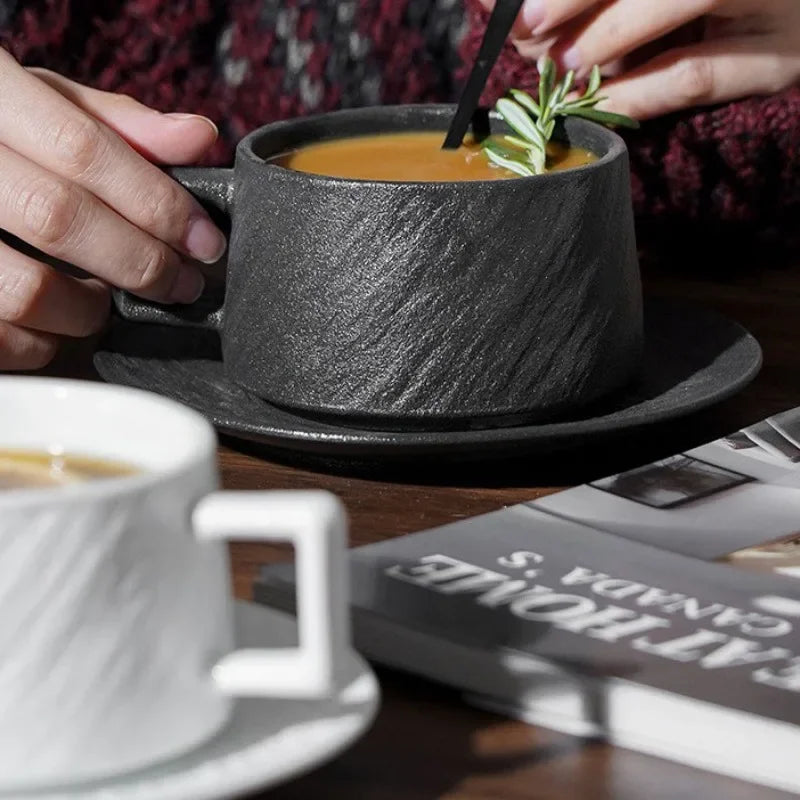 Ceramic Coffee Mug With Saucer 4 in 6 in Everyday Use Drinking Set Stylish Minimalist Design | Thomler