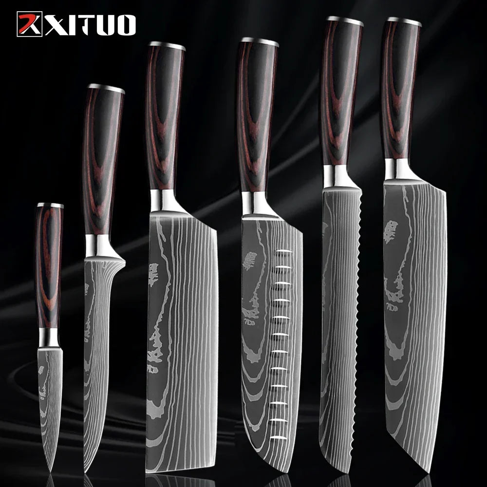 Professional Damascus-Pattern Chef's Blade Set – Hardened Steel Cutlery with Pakkawood Handles – Complete 1-9 Pc Cooking Knife Assortment | Thomler