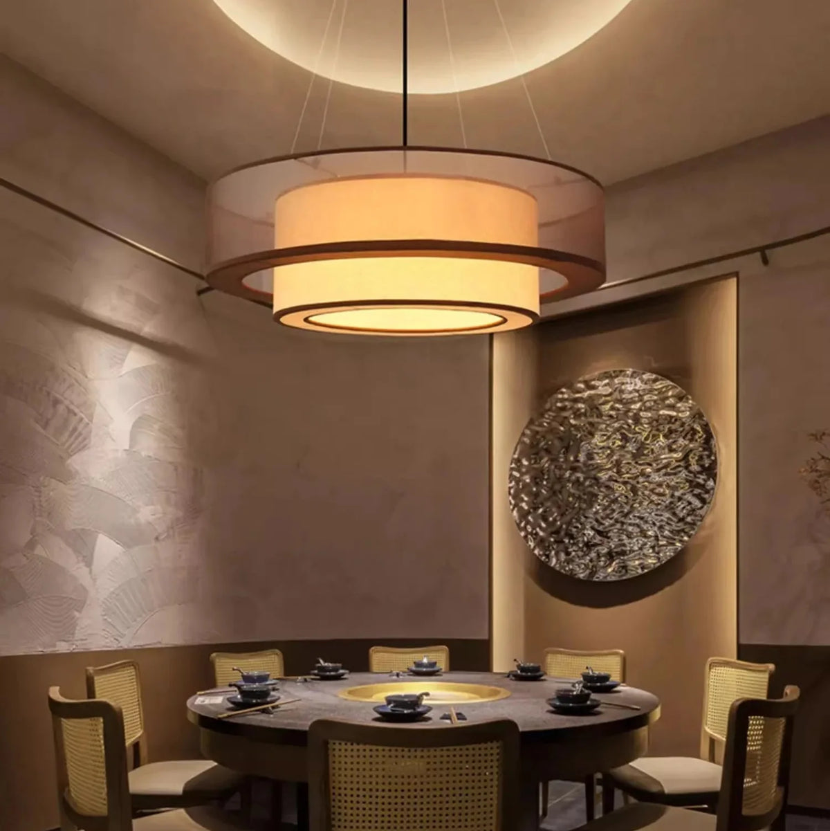 Layered Fabric Drum Pendant Light – Soft Glow Dining & Bedroom Ceiling Fixture in 20, 24 or 31 Inch | Thomler