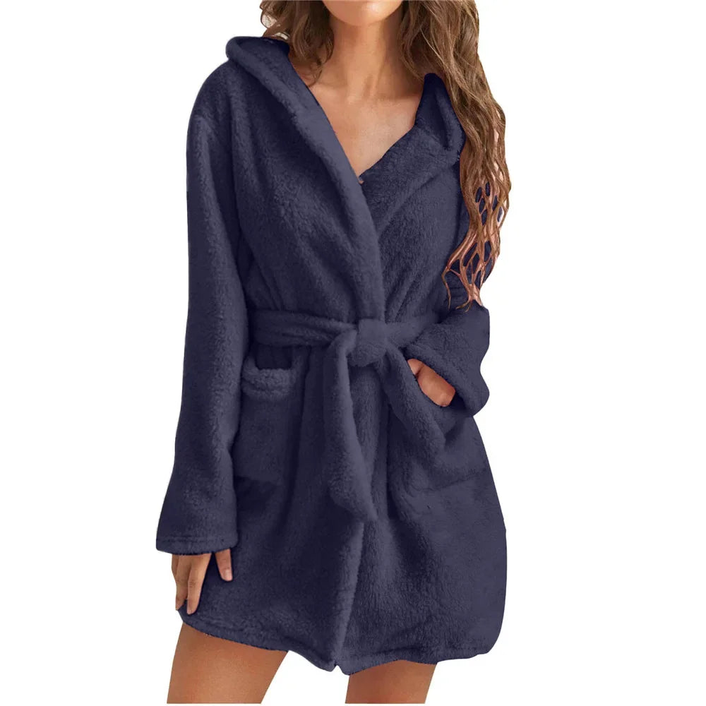Women's Hooded Cotton Bathrobe with Belt Long Sleeve Spa Wrap for Loungewear Shower Sleepwear Home Comfort | Thomler