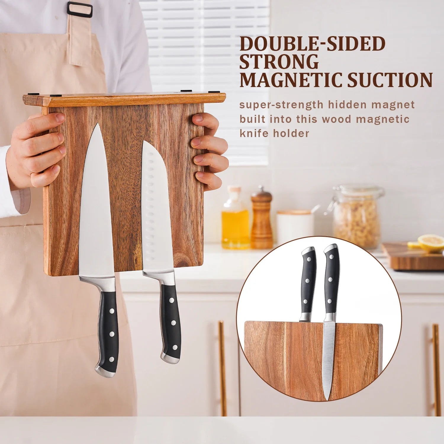 Knife Holder Acacia Wood Magnetic Freestanding Countertop Kitchen Storage Rack Organiser Natural Brown Space Saving Knife Block Alternative | Thomler