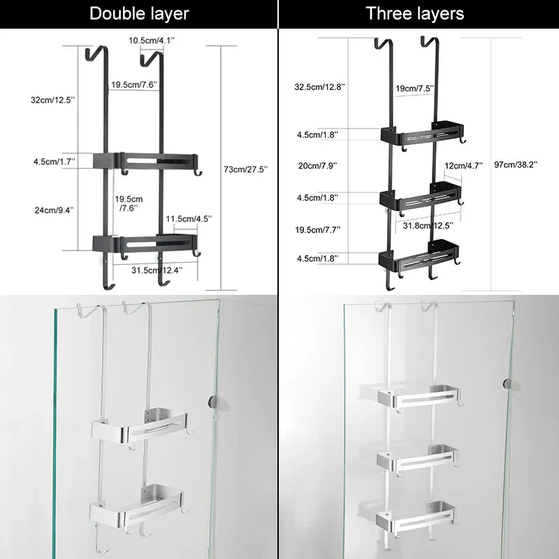Shower Rack Aluminium 97.0 cm Black Hanging Bathroom Storage Organiser No Drill Over Door Shampoo Holder | Thomler