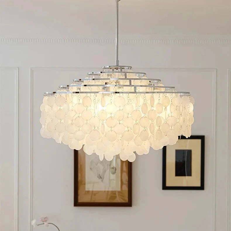 Tiered Oceanic Shell Disc Pendant with LED Illumination – Cascading Statement Fixture for High Ceilings | Thomler