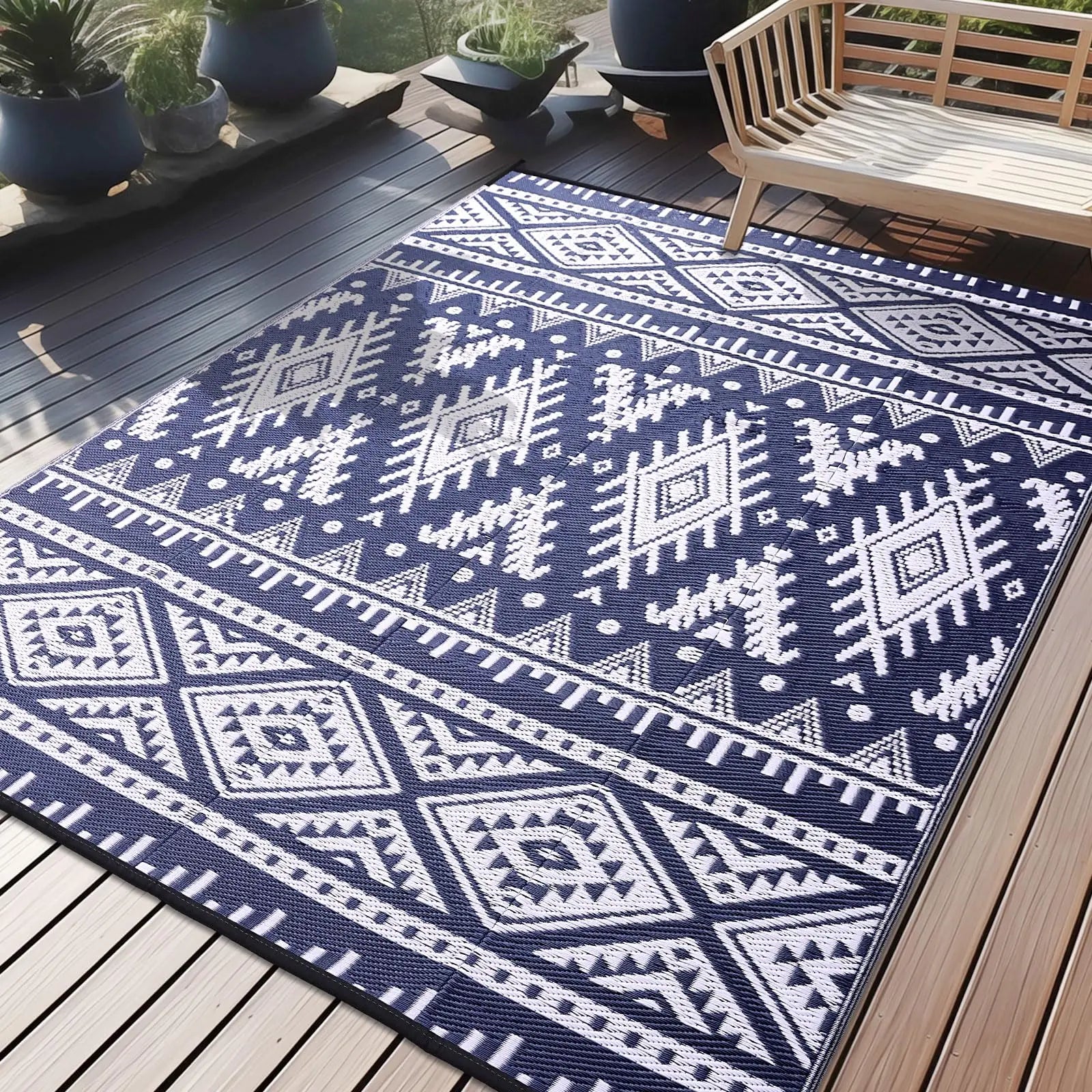 Outdoor Rug Braided Plastic Reversible Black White Patio Camping Garden Picnic Mat Waterproof UV Resistant Foldable | Thomler