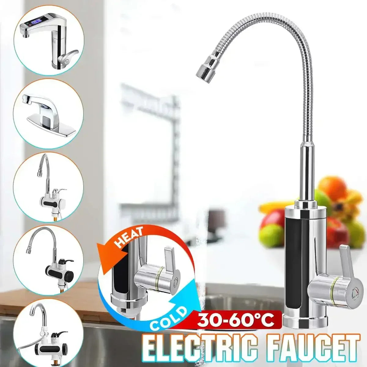Instant Hot Water Electric Kitchen Faucet 3000W Tankless Tap for Sink 86-140°F Dual-Handle Cold & Heated Water Dispenser Fast Heating Stainl | Thomler