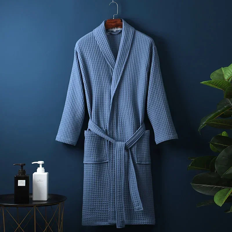 Lightweight Cotton Waffle Weave Bathrobe for Women – Mid-Calf Length Spa Robe with Long Sleeves for Spring & Summer | Thomler