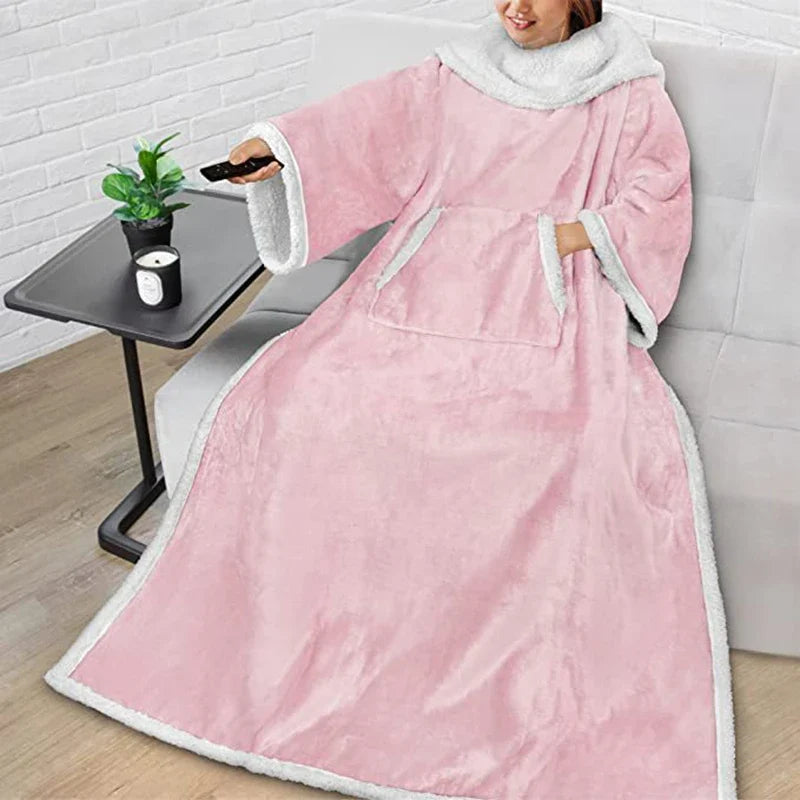 Oversized Fleece Blanket Hoodie with Sleeves & Foot Pocket – Plush Wearable Throw for Adults | Thomler