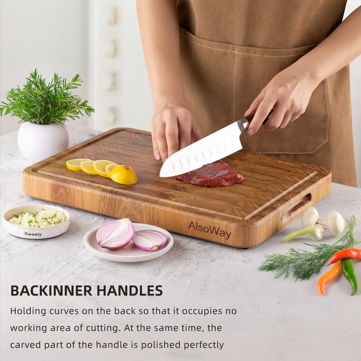 Rectangular Teak Cutting Board with Juice Groove and Easy-Grip Handles – Pre-Oiled Hardwood Kitchen Block | Thomler