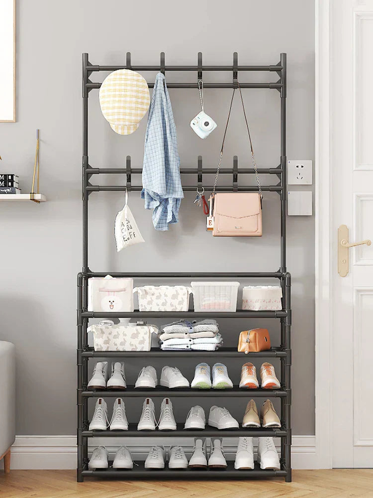 Shoe Rack Steel 171.0 cm x 60.0 cm Hallway Storage With Coat Rack Entryway Organiser Shoe Shelf Stand | Thomler