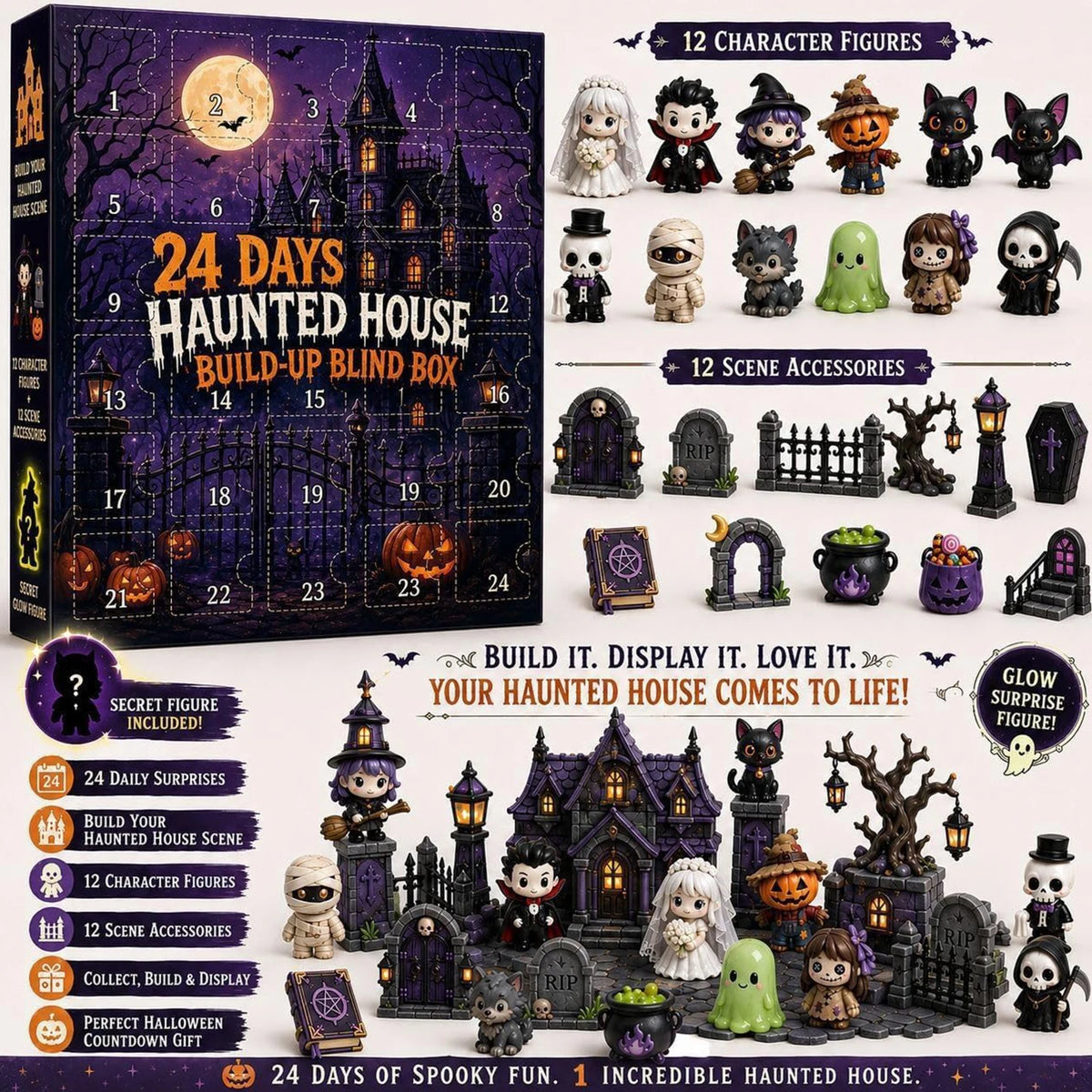 Spooky Mansion Countdown Calendar – 24-Door Mystery Box with Mini Monster Figurines for October 31st | Thomler
