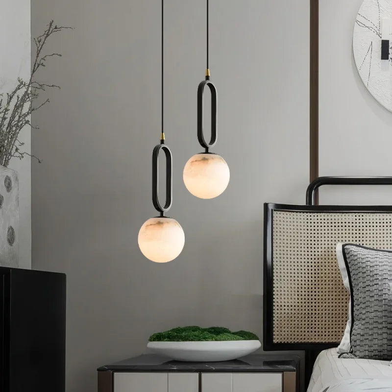 Stone Hanging Light Fixture Natural Marble Pendant with Copper Detail Black Gold for Kitchen Island Dining Room Bedroom Hotel Lobby Modern M | Thomler