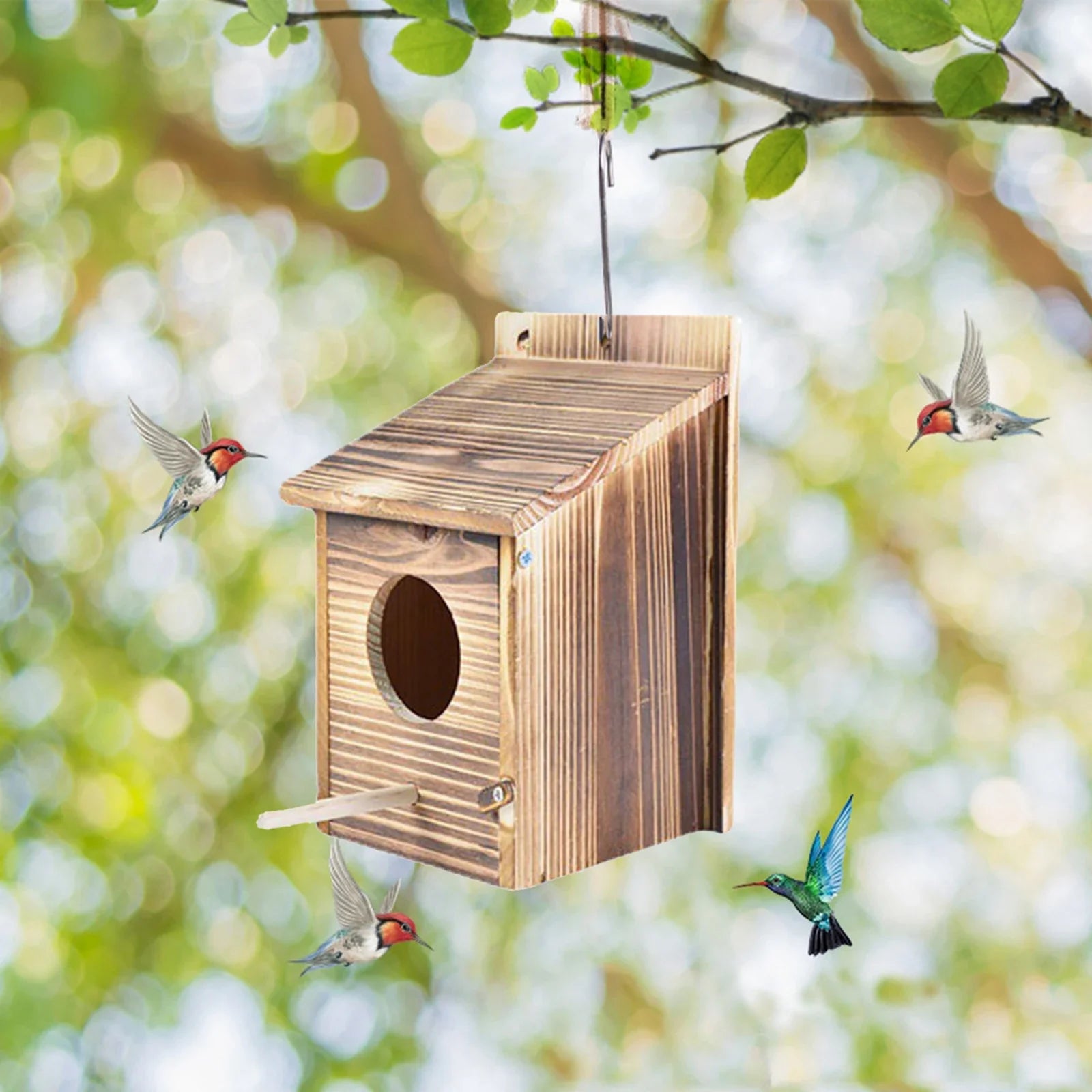 Birdhouse Natural Wood 22.0 cm Outdoor Garden Nesting Box Hanging Bird Shelter With Cleaning Door | Thomler