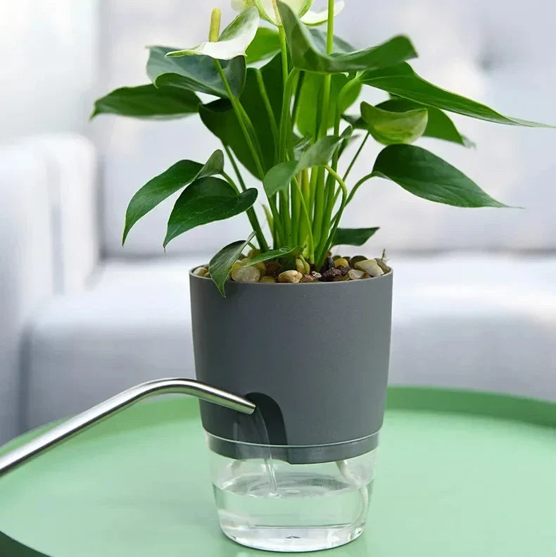 Self-Watering Planter AS Plastic 23.5 cm Height Indoor Plants Automatic Water Absorption Grey White | Thomler