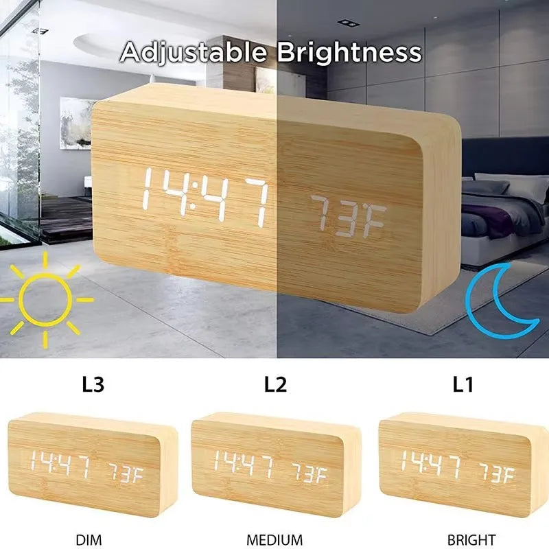 Alarm Clock Wood Look LED Display USB Powered Bedroom Desk Temperature Clock 12 24 Hour Adjustable Brightness Triple Alarm | Thomler