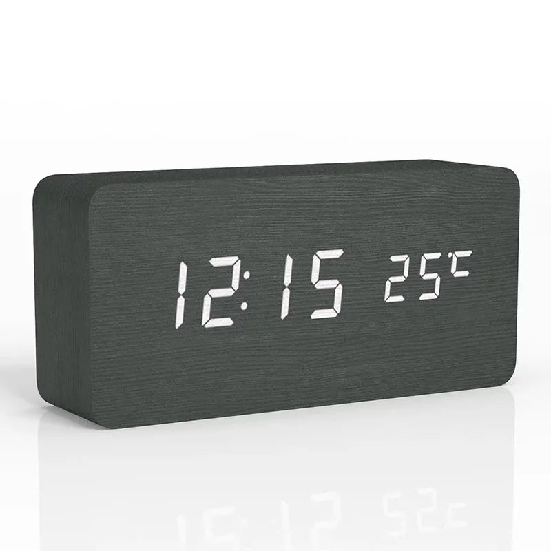 Wood Grain Digital Alarm Clock with LED Display – Silent No-Tick Design for Bedroom, Nightstand & Desk – Battery or USB Powered Timepiece | Thomler