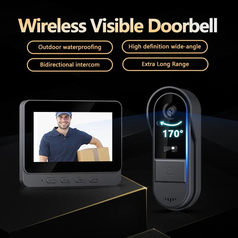 Smart Video Door Viewer with Two-Way Audio & Night Vision – 4.3" Screen, Rechargeable Battery, Weatherproof Design for Front Door Security | Thomler
