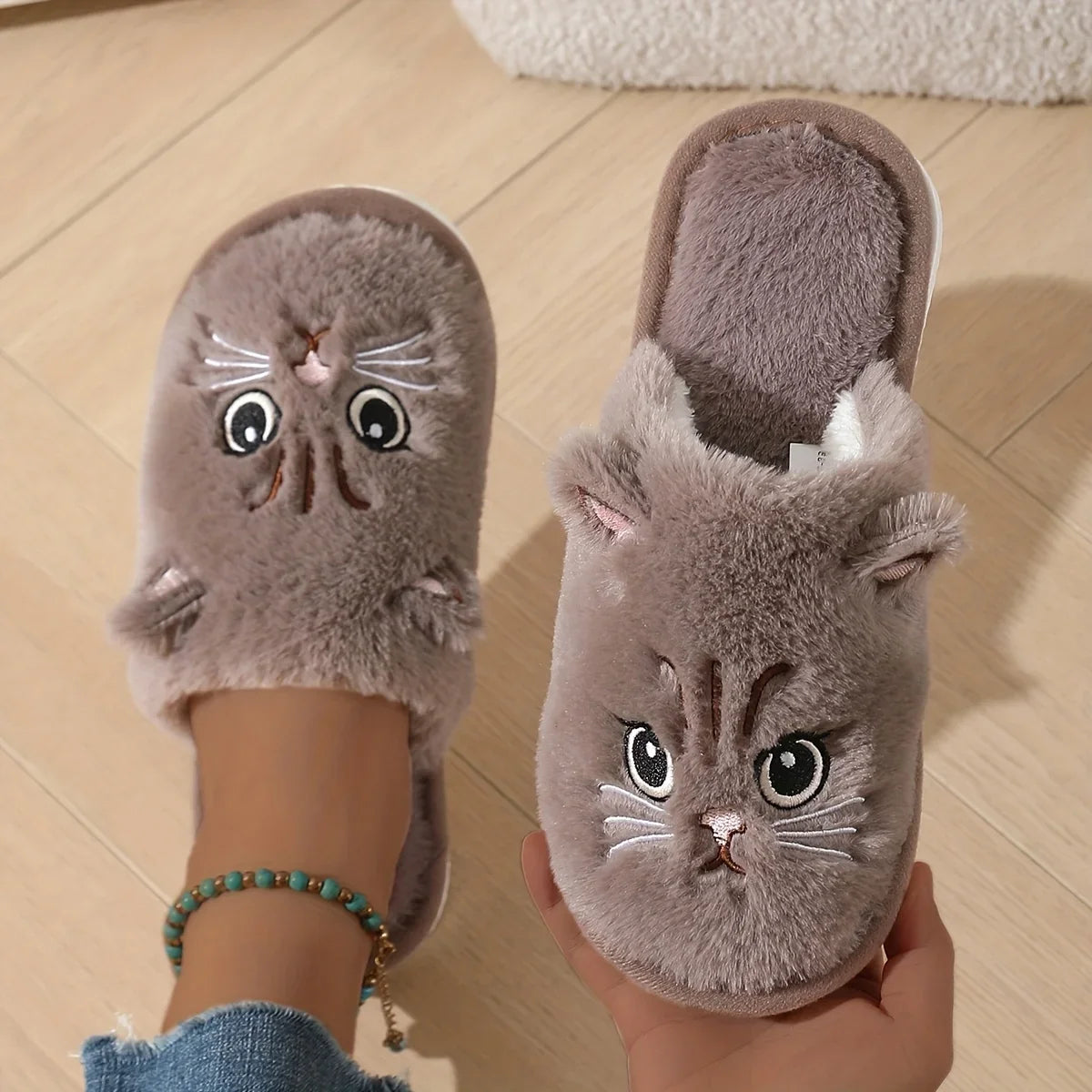 Women's Fuzzy Cat Slippers with Cushioned Foam Sole & Non-Slip Grip for Indoor Lounging & Bedroom Comfort | Thomler