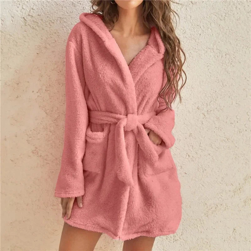 Women's Hooded Cotton Bathrobe with Belt Long Sleeve Spa Wrap for Loungewear Shower Sleepwear Home Comfort | Thomler