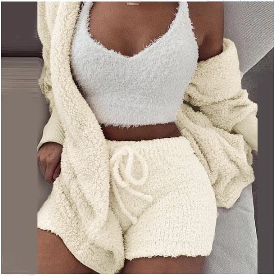 Women's Cozy Knit Lounge 3-Piece Set – Cropped Top, Pants & Cardigan for Relaxed Style | Thomler