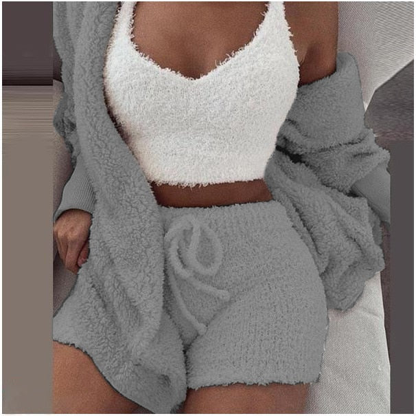 Women's Cozy Knit Lounge 3-Piece Set – Cropped Top, Pants & Cardigan for Relaxed Style | Thomler