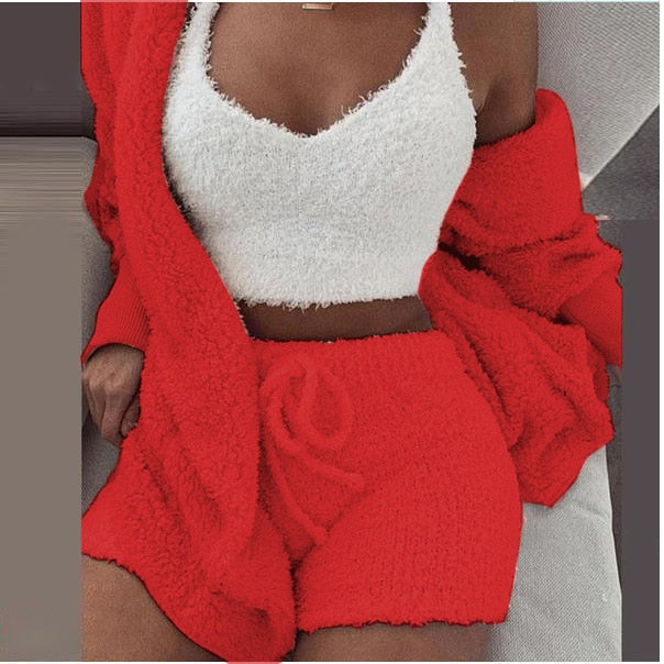 Women's Cozy Knit Lounge 3-Piece Set – Cropped Top, Pants & Cardigan for Relaxed Style | Thomler