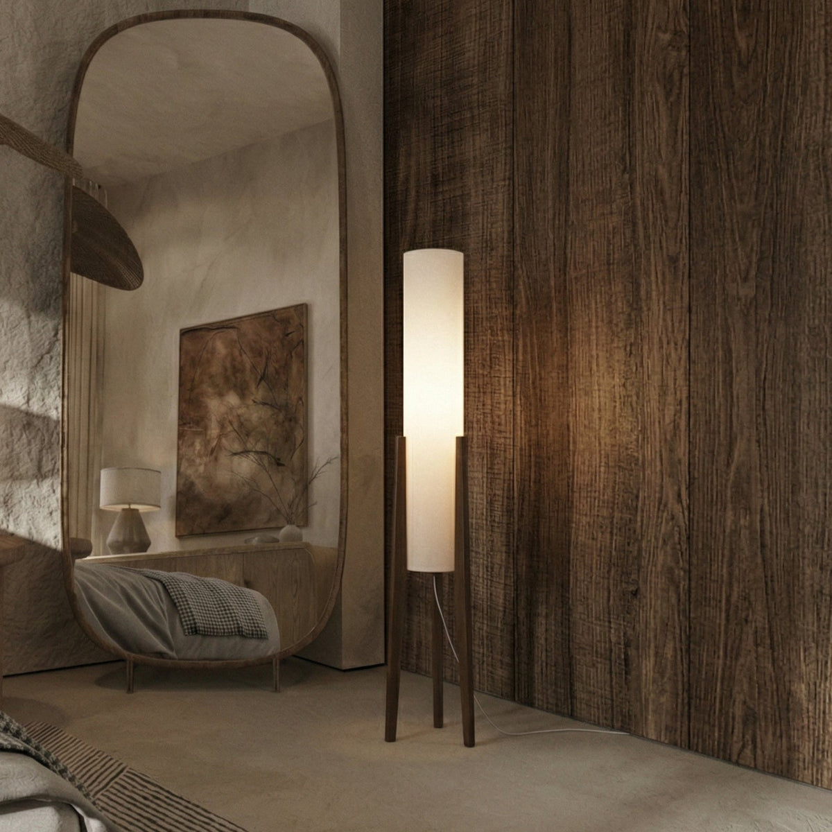 Sculptural Wood Floor Lamp with Brass Accents & Fabric Shade for Living Room, Bedroom & Office | Thomler