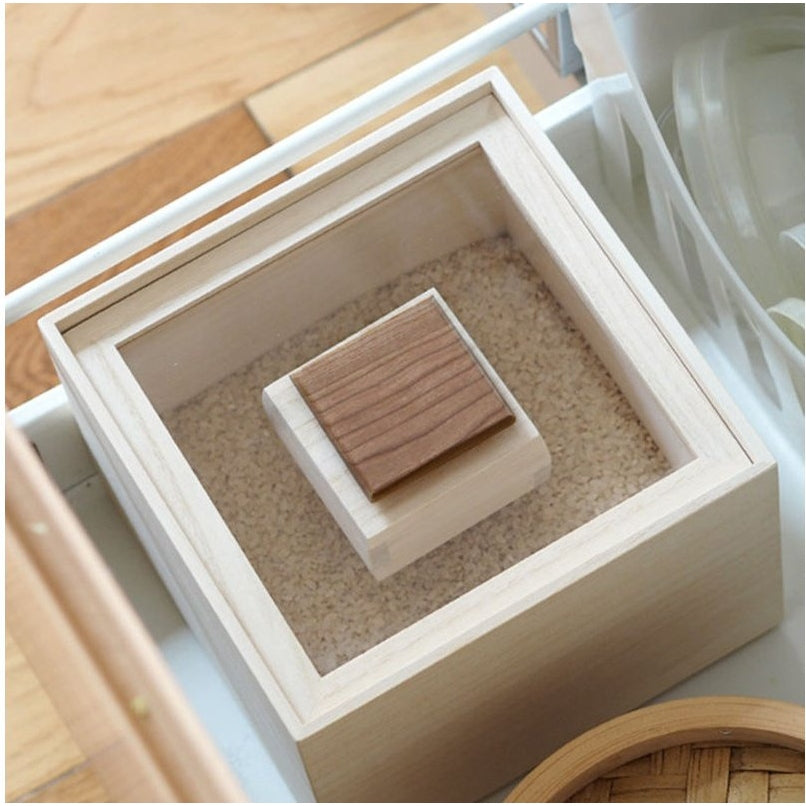 Rice Container Hinoki Wood 5.0 kg Capacity Kitchen Storage Acrylic Lid Measuring Cup Dry Food Organiser Japanese Style | Thomler