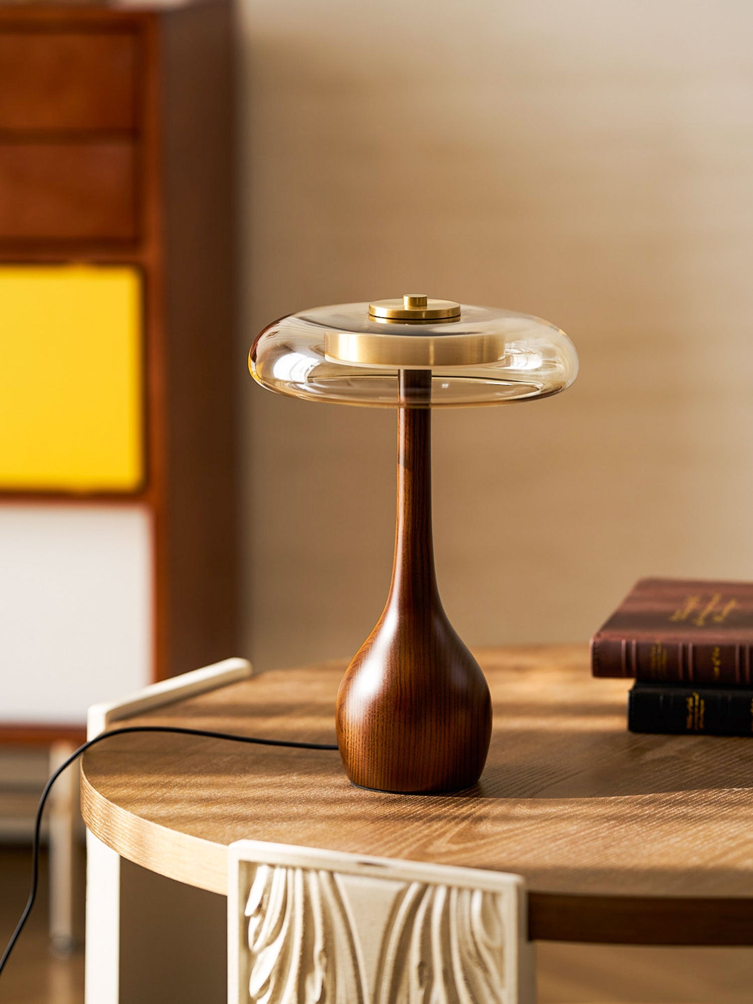 Wooden Table Lamp 9.8 in (25.0 cm) Amber Glass Shade Indoor Desk Lighting Warm Glow | Thomler