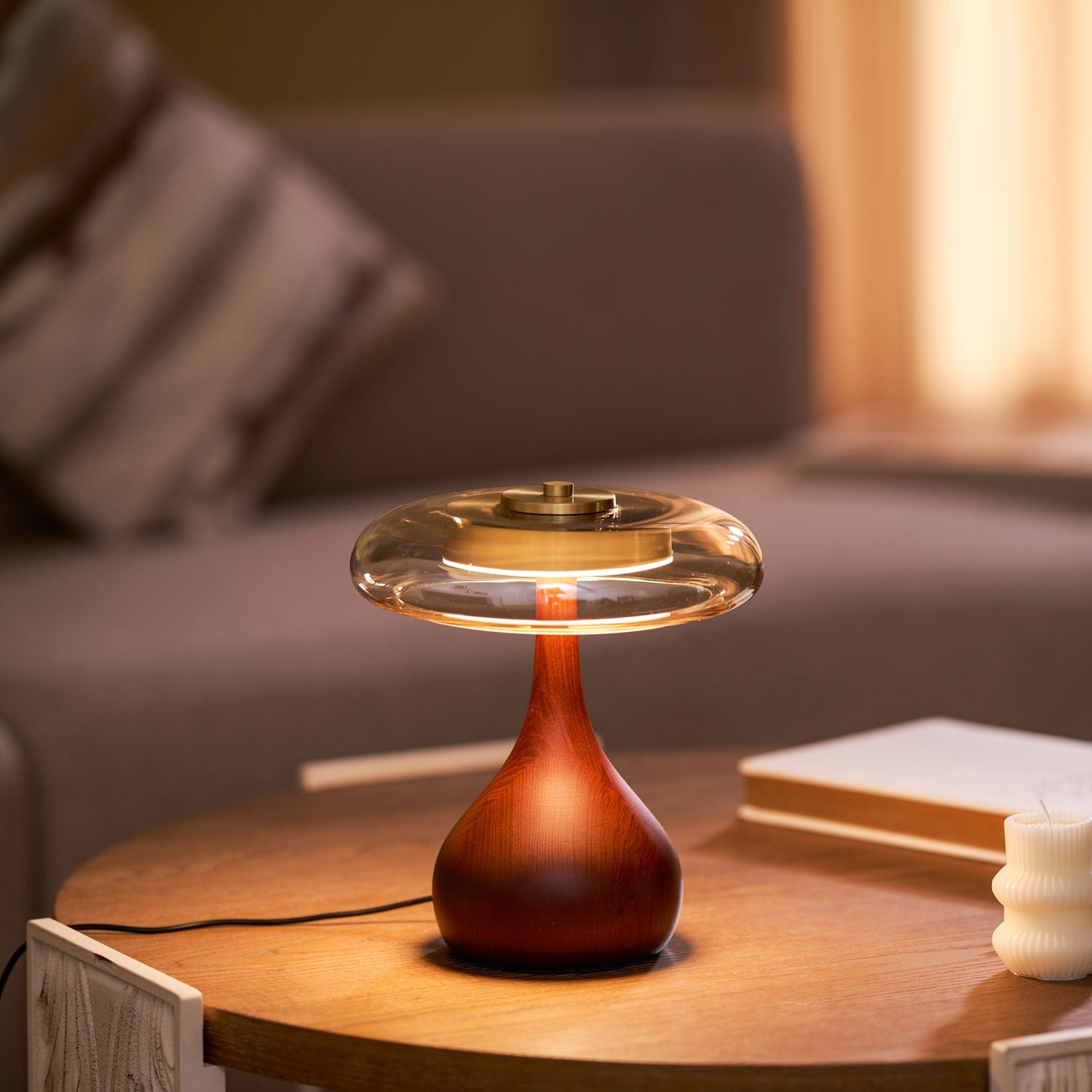 Wooden Table Lamp 9.8 in (25.0 cm) Amber Glass Shade Indoor Desk Lighting Warm Glow | Thomler