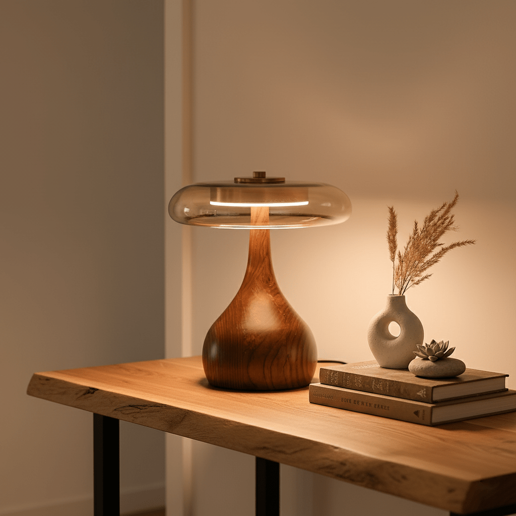 Wooden Table Lamp 9.8 in (25.0 cm) Amber Glass Shade Indoor Desk Lighting Warm Glow | Thomler