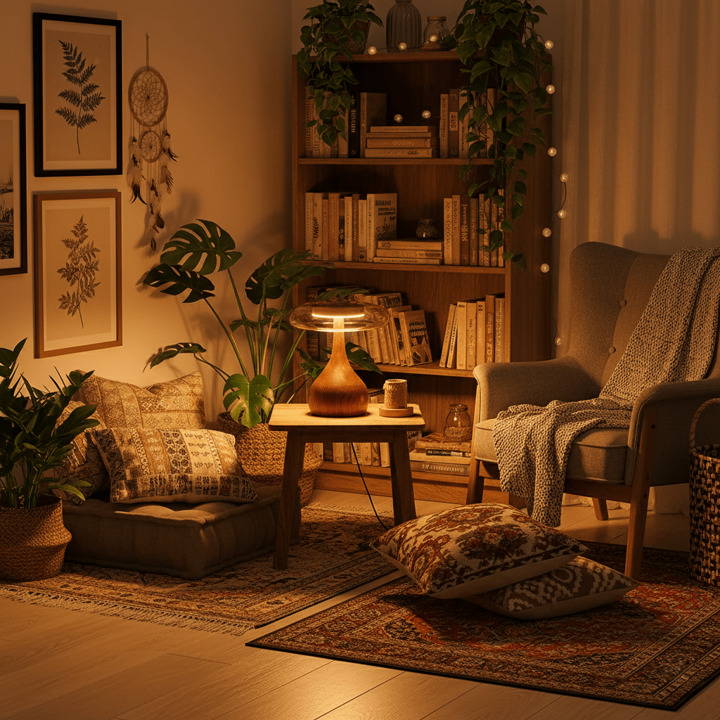 Wooden Table Lamp 9.8 in (25.0 cm) Amber Glass Shade Indoor Desk Lighting Warm Glow | Thomler