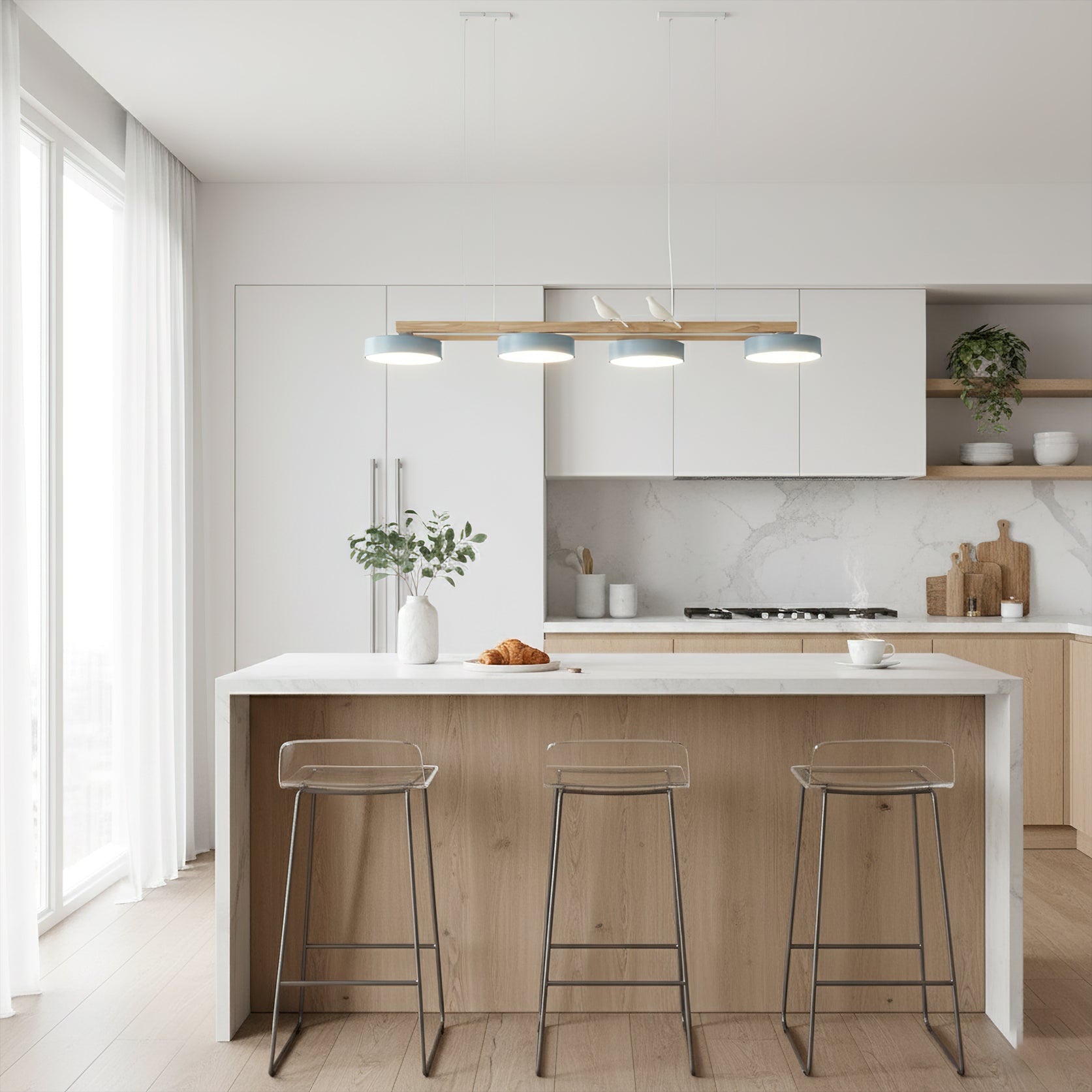 Pendant Light Wood Frame 40.2 in Indoor Ceiling Chandelier 48W LED 1400 Lumen Decorative Dining Room Living Room Lighting | Thomler