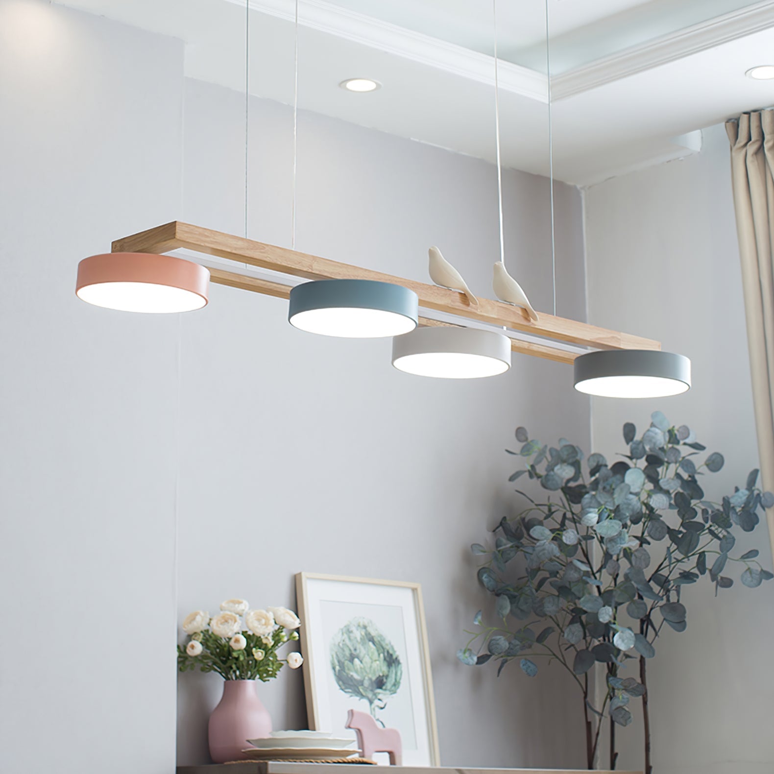 Pendant Light Wood Frame 40.2 in Indoor Ceiling Chandelier 48W LED 1400 Lumen Decorative Dining Room Living Room Lighting | Thomler