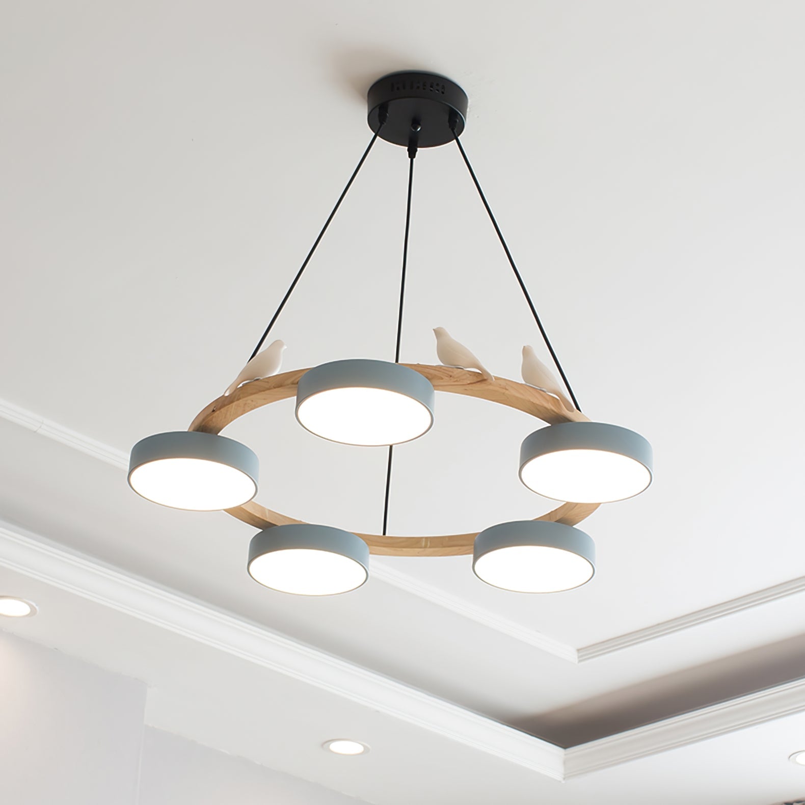 Chandelier Wood Round 25.6 in 4-Light Adjustable Indoor Ceiling Fixture Modern Dining Room Living Room Lighting | Thomler