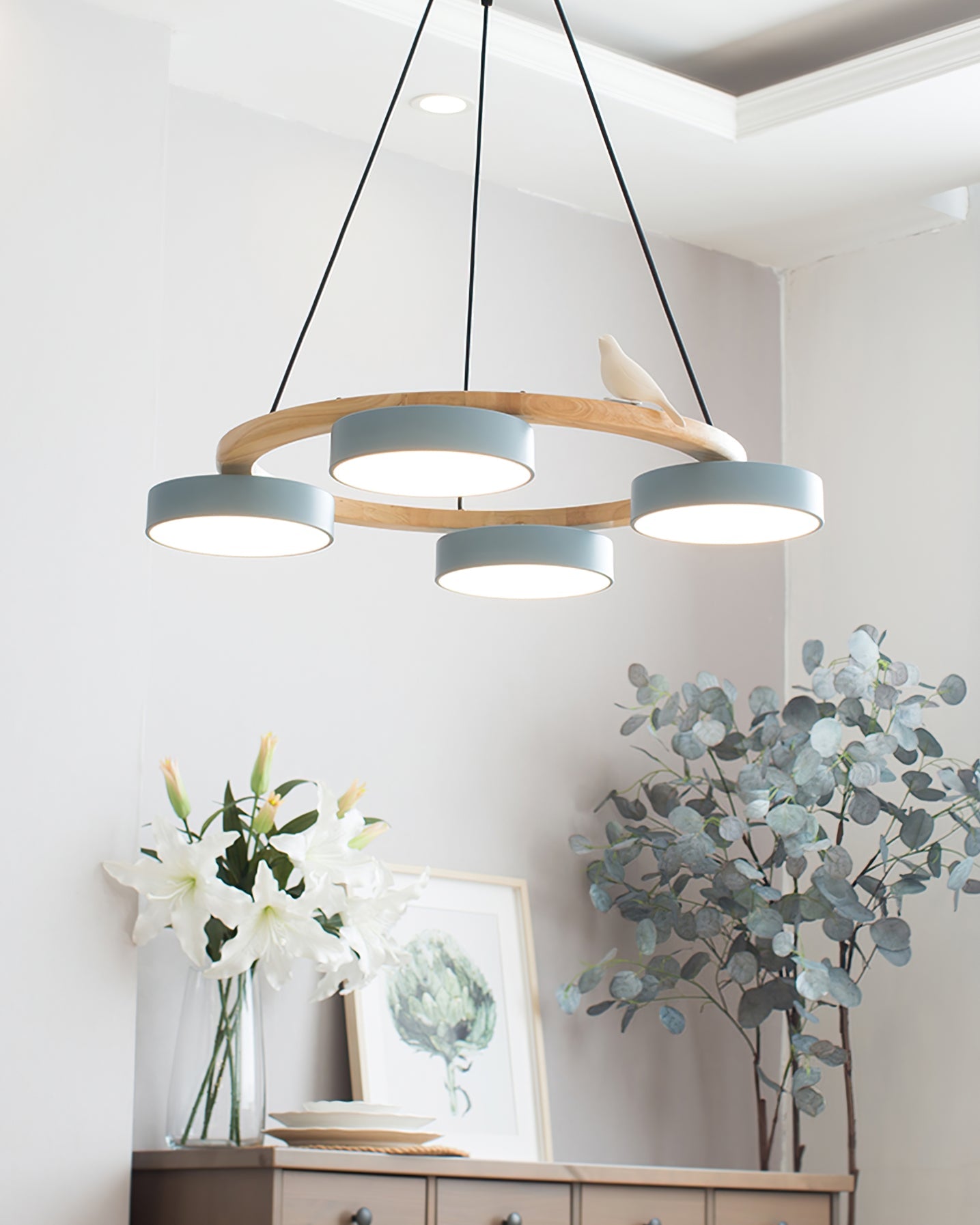 Chandelier Wood Round 25.6 in 4-Light Adjustable Indoor Ceiling Fixture Modern Dining Room Living Room Lighting | Thomler