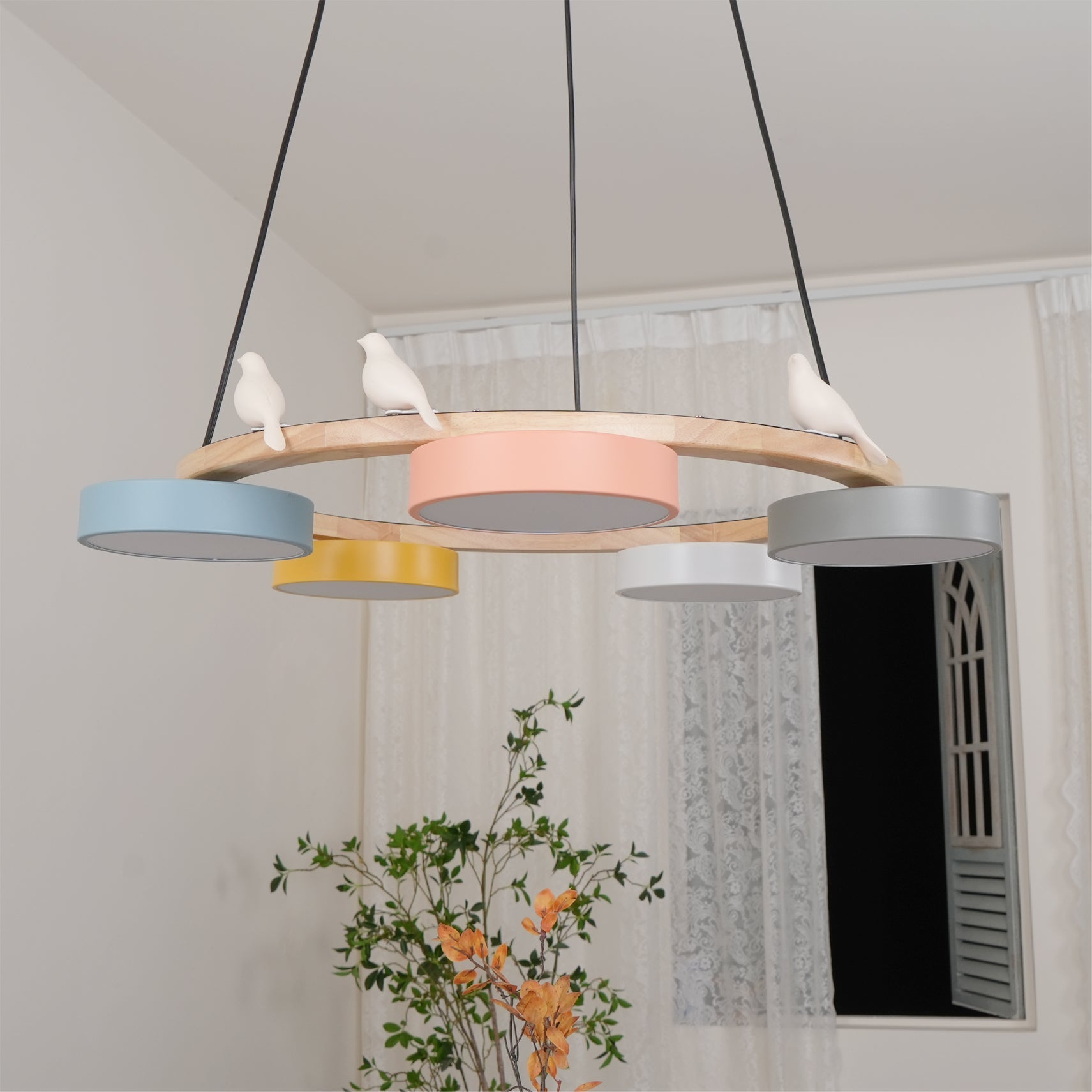 Chandelier Wood Round 25.6 in 4-Light Adjustable Indoor Ceiling Fixture Modern Dining Room Living Room Lighting | Thomler