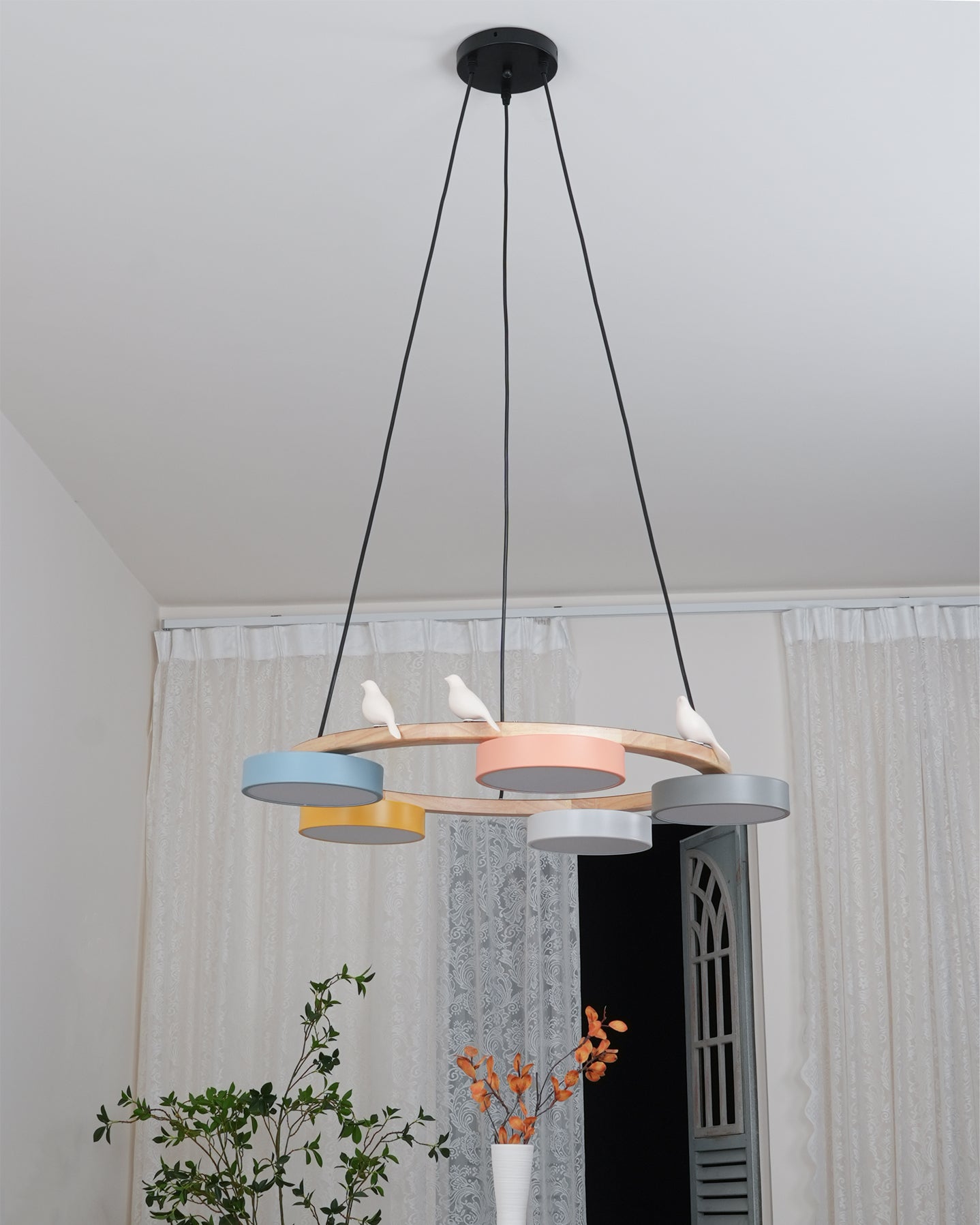 Chandelier Wood Round 25.6 in 4-Light Adjustable Indoor Ceiling Fixture Modern Dining Room Living Room Lighting | Thomler