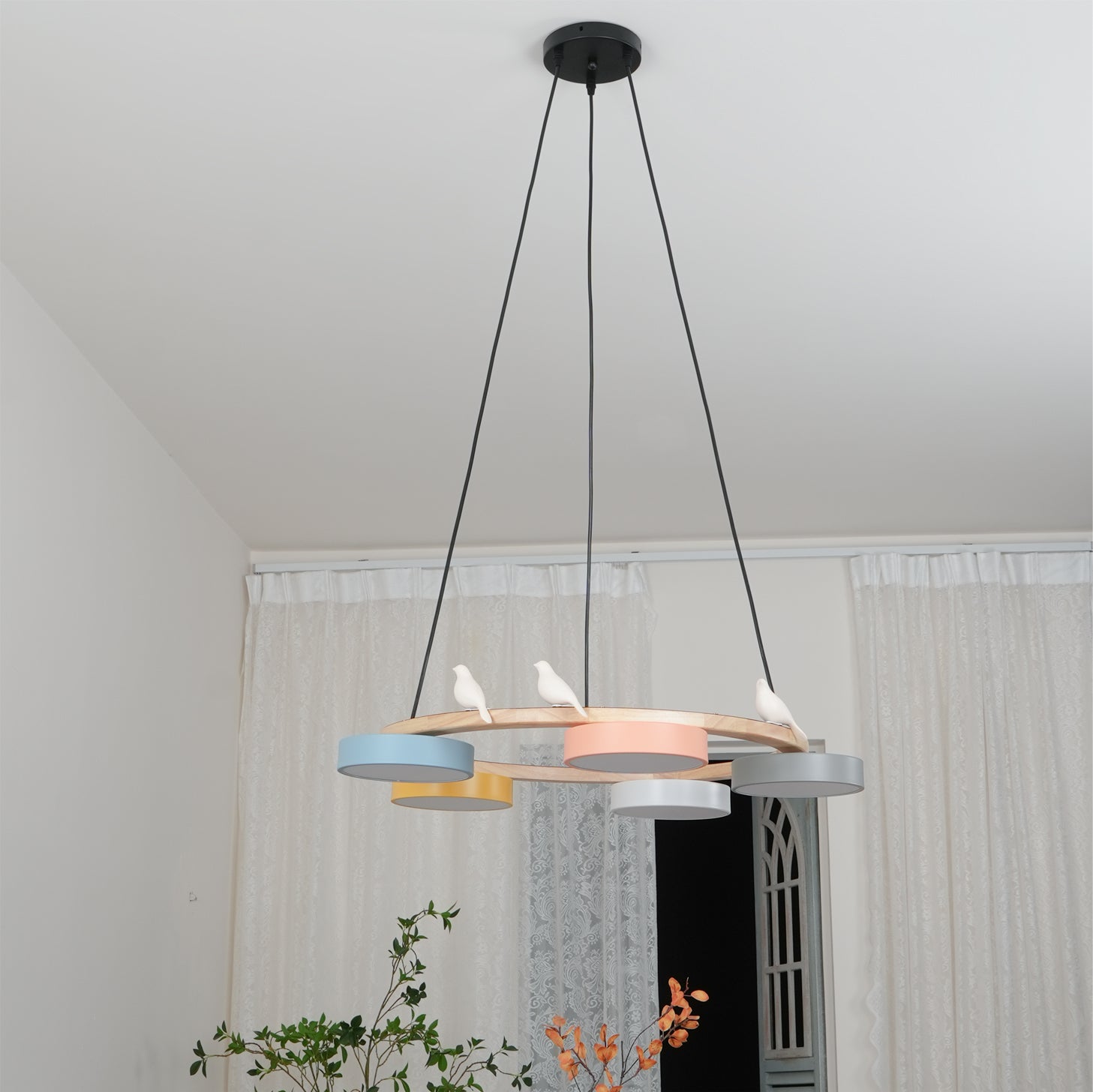 Chandelier Wood Round 25.6 in 4-Light Adjustable Indoor Ceiling Fixture Modern Dining Room Living Room Lighting | Thomler