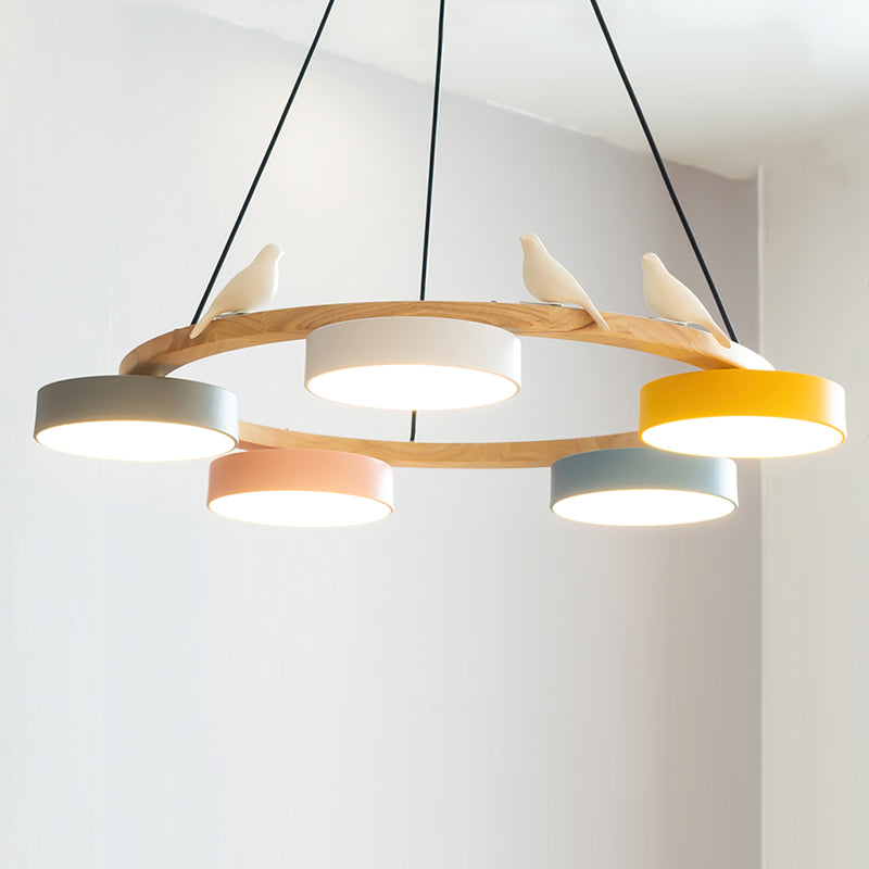 Chandelier Wood Round 25.6 in 4-Light Adjustable Indoor Ceiling Fixture Modern Dining Room Living Room Lighting | Thomler